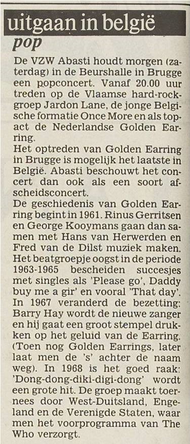Golden Earring show ad (Zeeuwse krant) October 18 1980 Brugge (Belgium) - Beurshalle